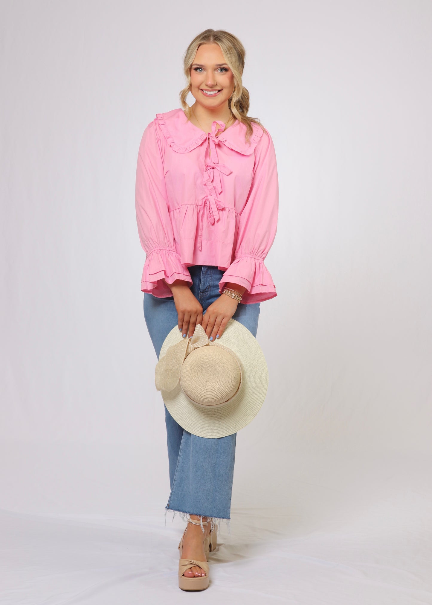 Pink Collared Peplum Top