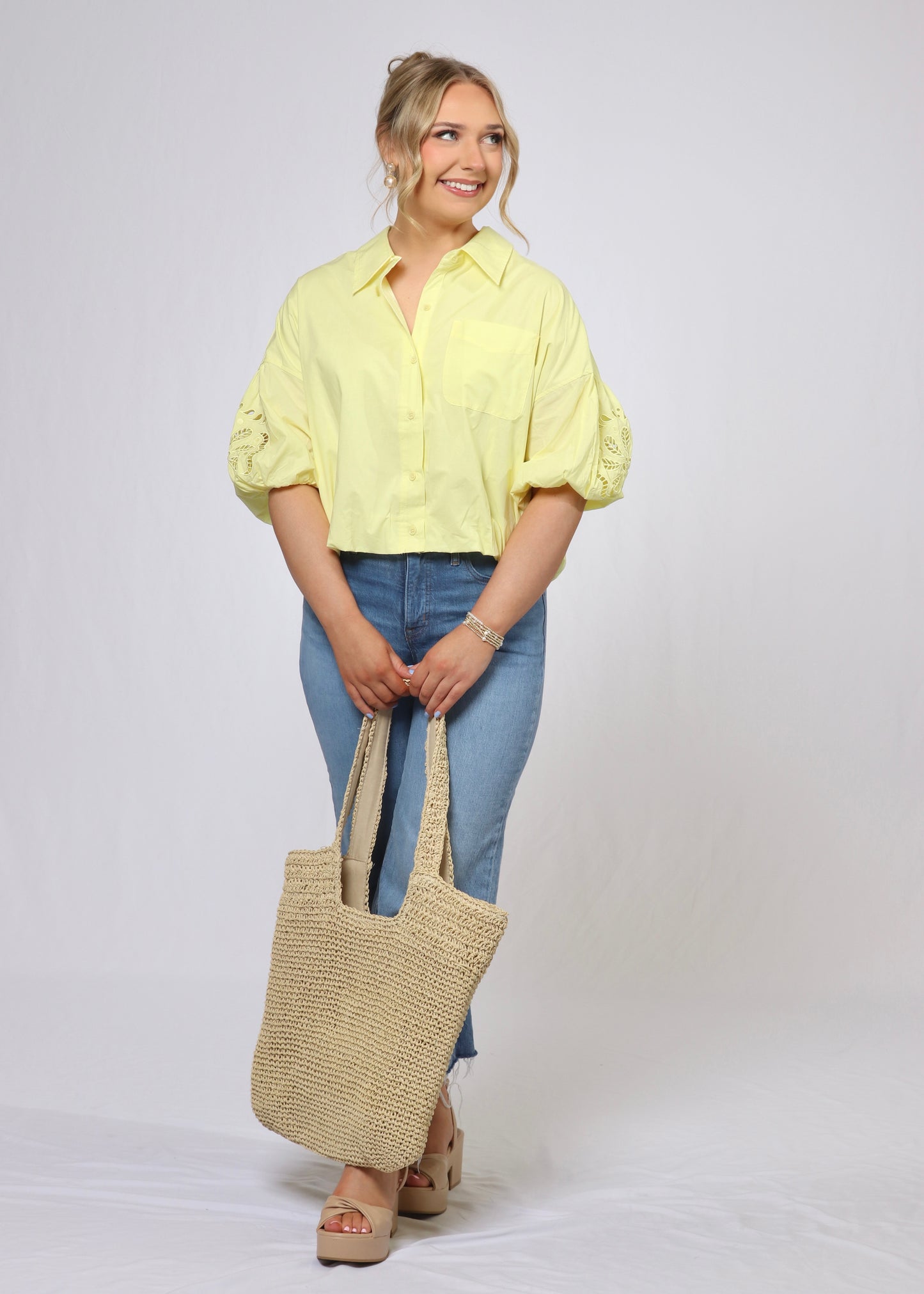 Yellow Embroidered Bubble Sleeve Top
