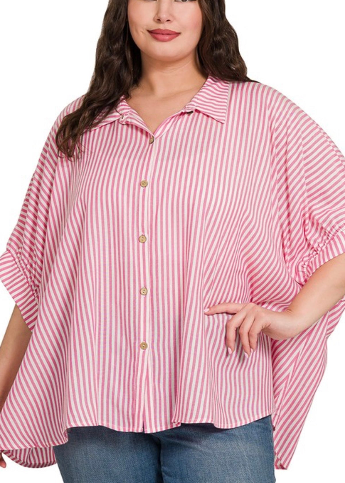 PLUS RAYON STRIPED SHORT SLEEVE BUTTON UP SHIRT