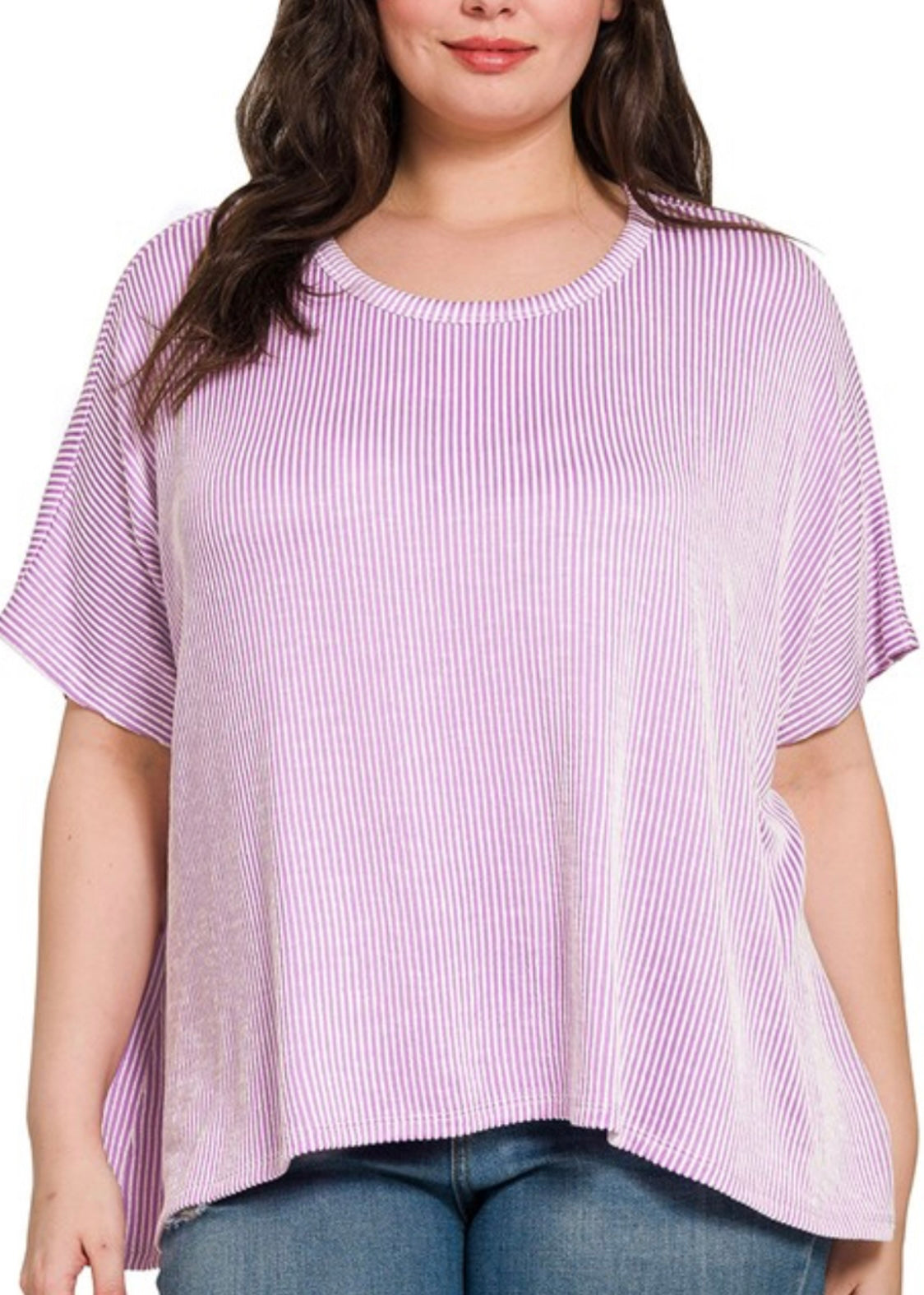 PLUS RIBBED STRIPED OVERSIZED SHORT SLEEVE TOP