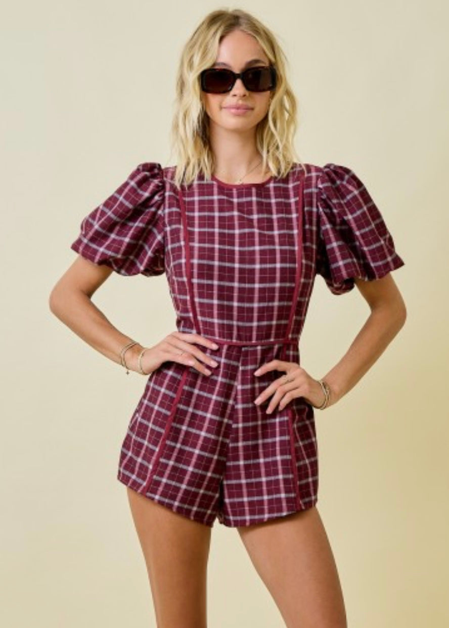 Plaid Puff Sleeve Romper