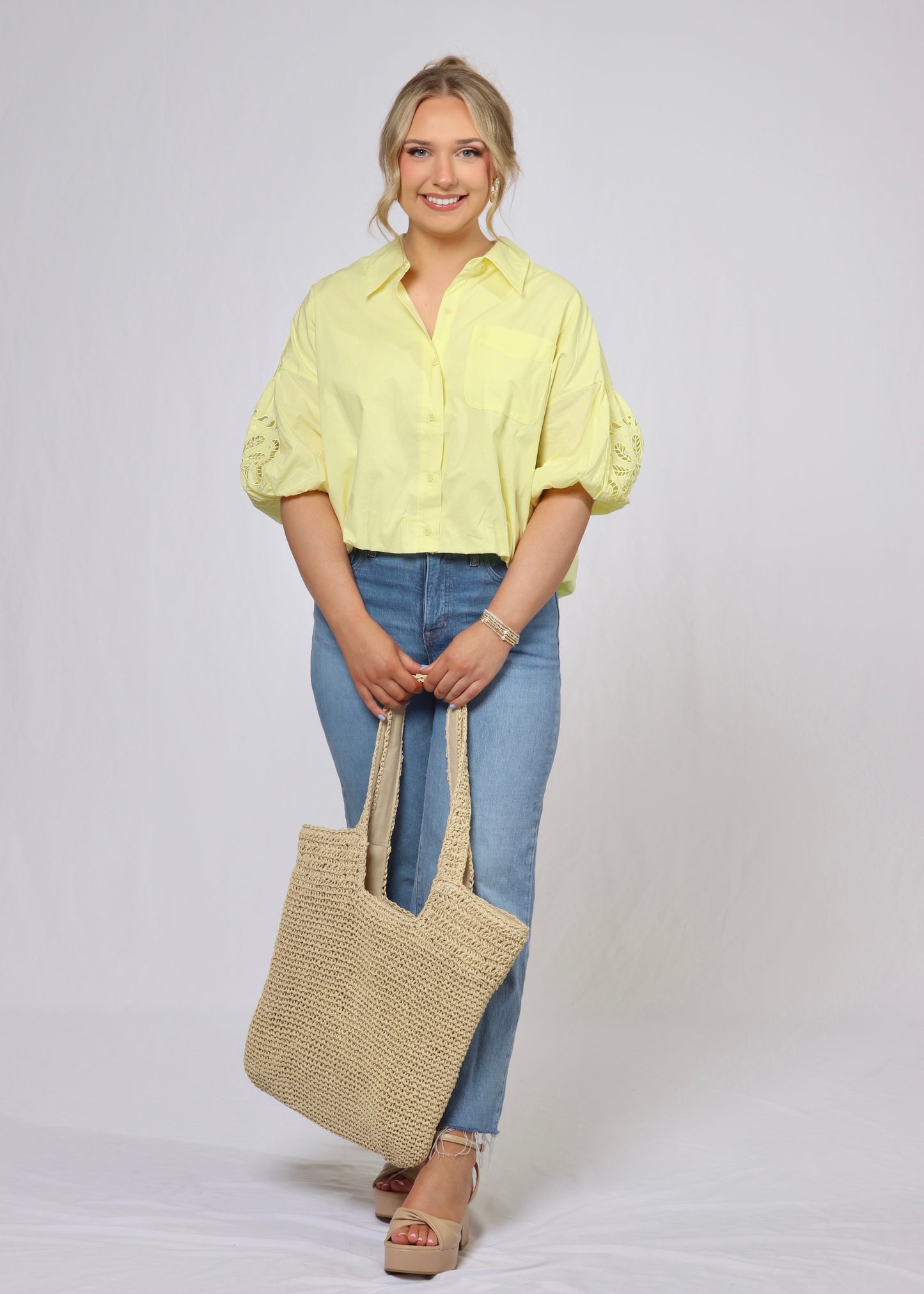 Yellow Embroidered Bubble Sleeve Top