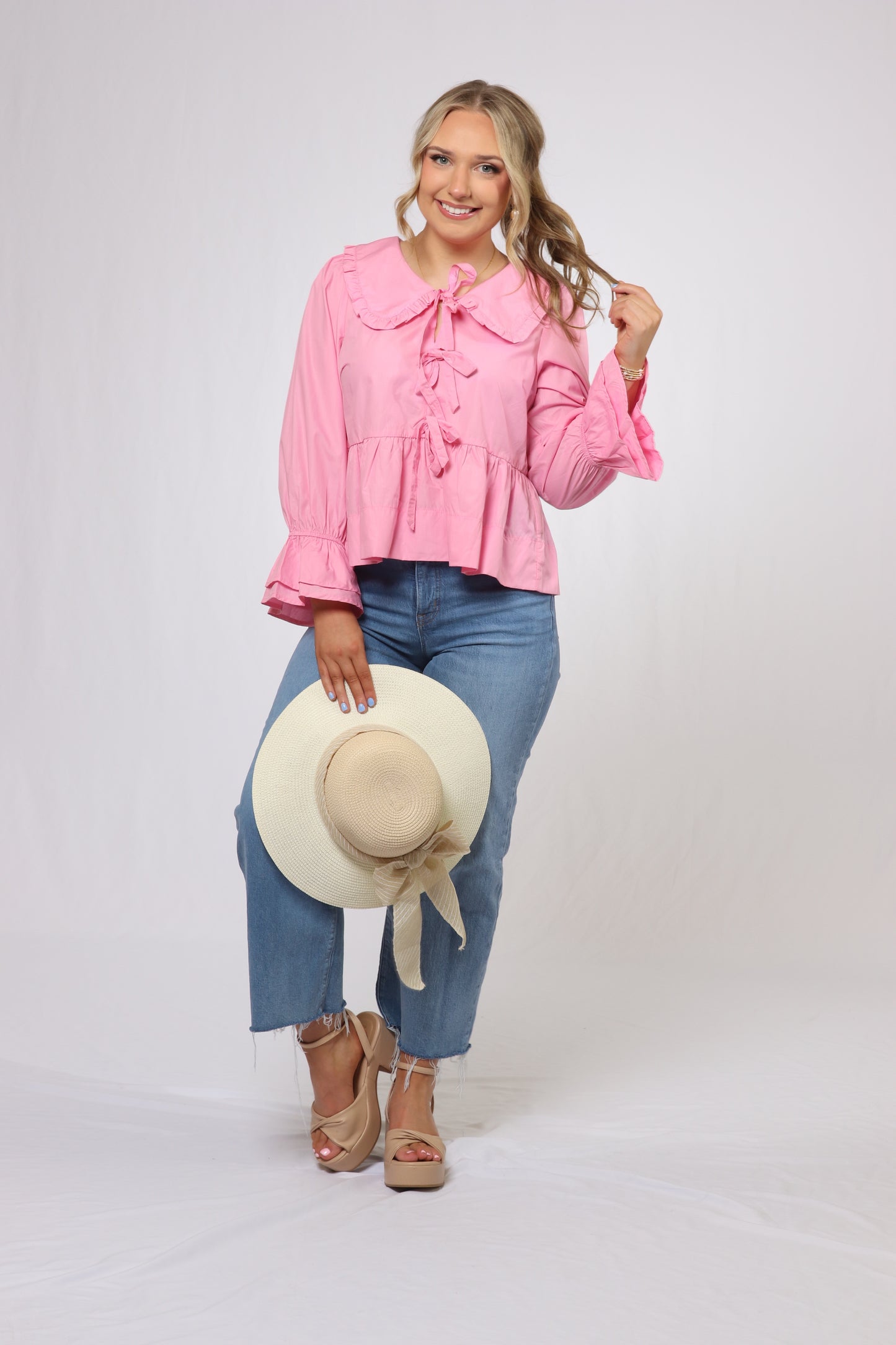 Pink Collared Peplum Top