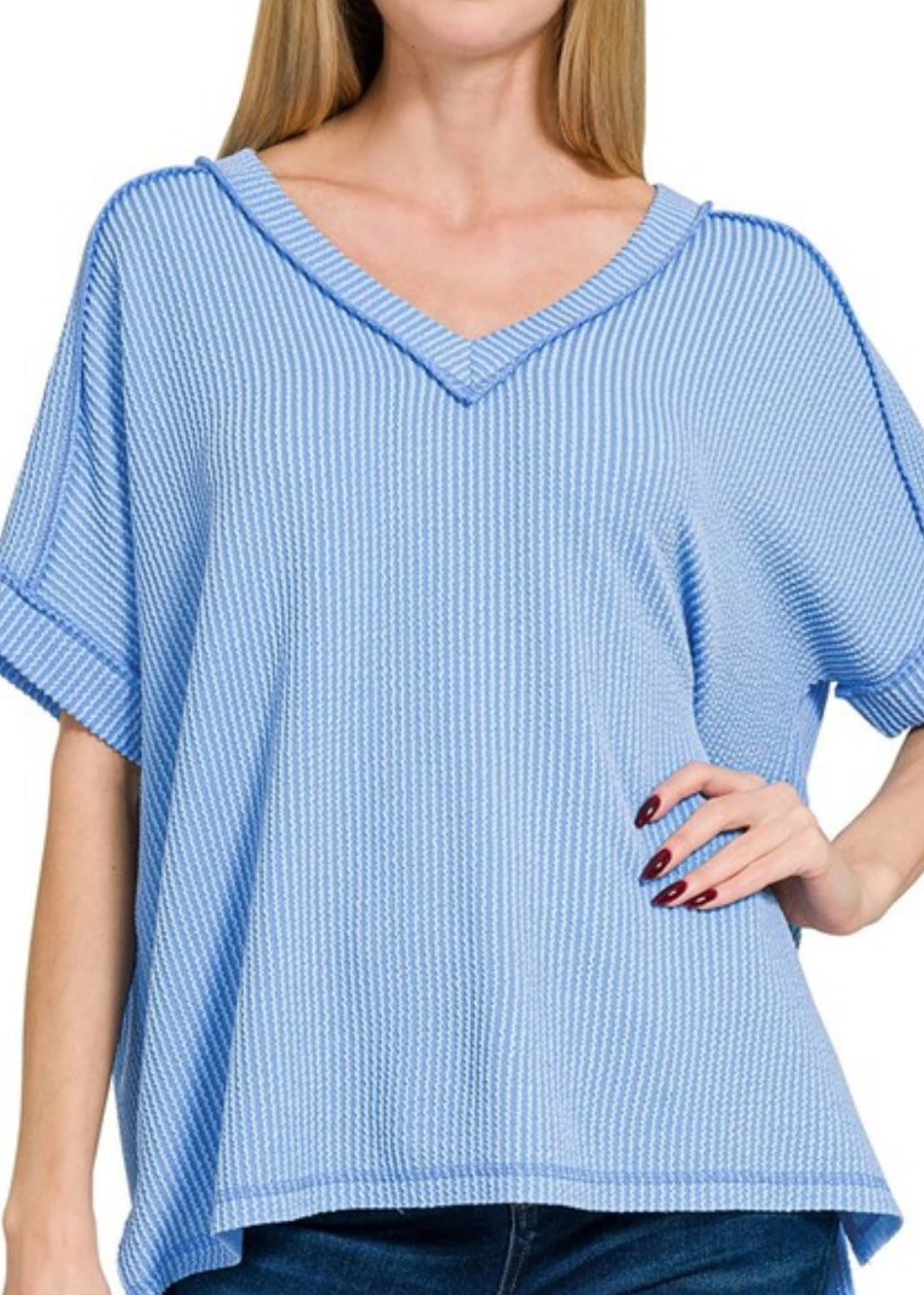PLUS CORDED RIB SHORT SLEEVE HI-LOW V NECK TOP