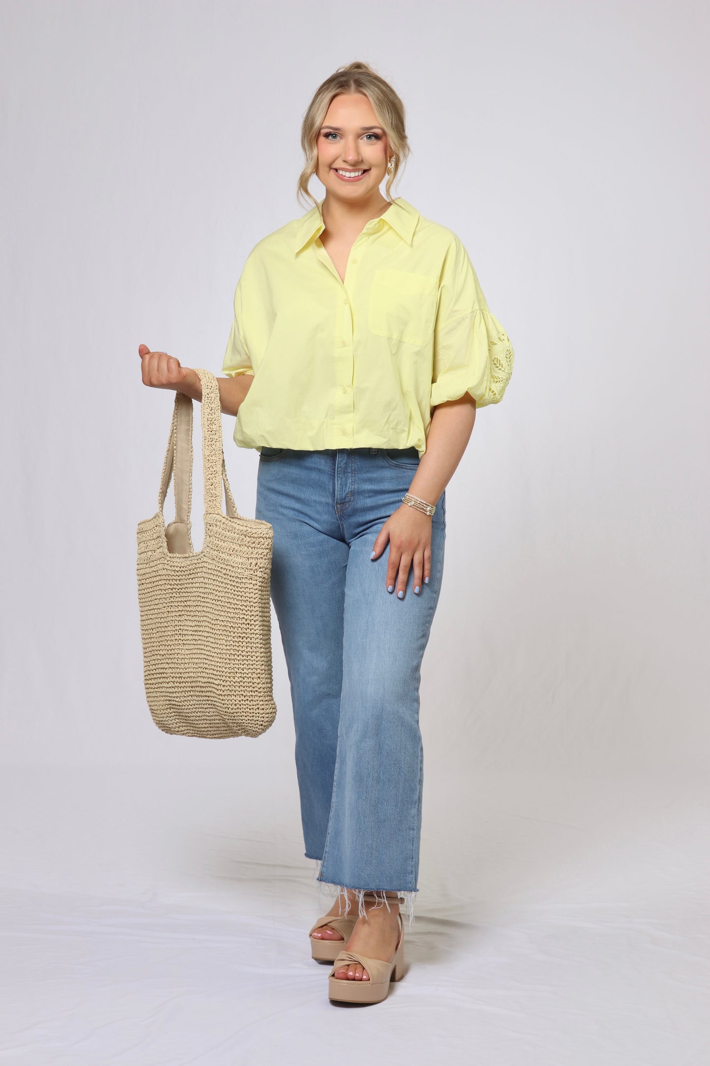 Yellow Embroidered Bubble Sleeve Top