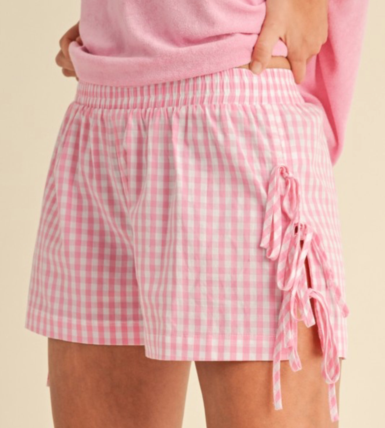 GINGHAM CHECK SIDE BOW DETAIL SHORTS