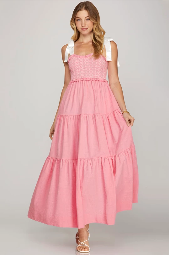 SMOCKED WOVEN MAXI DRESS PINK