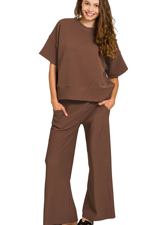 Brown Ribbed Round Neck Tee Set