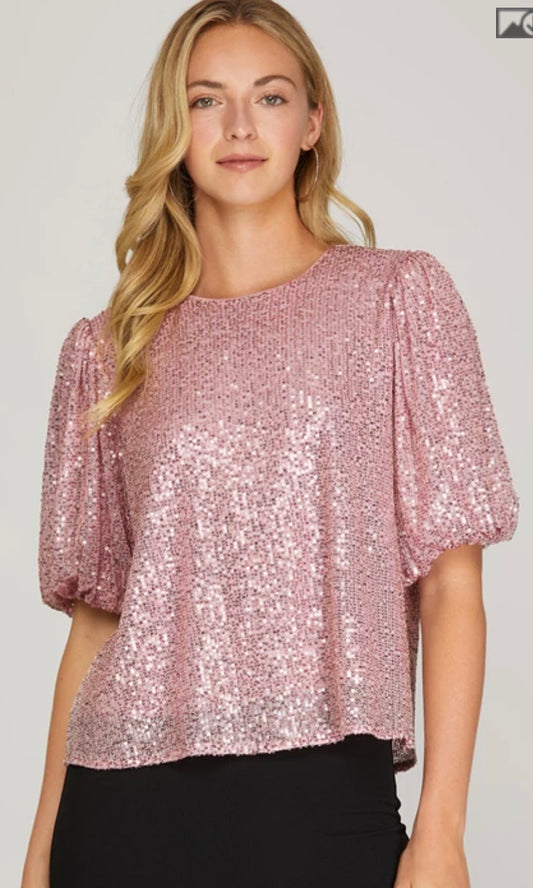 Puff Sleeve Sequin Top-Rose