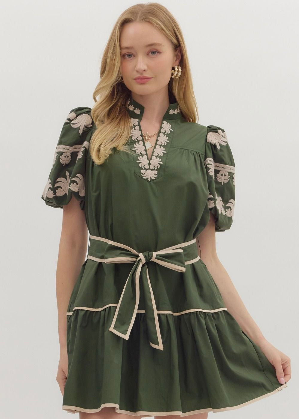 Green Embroidered Mini Dress