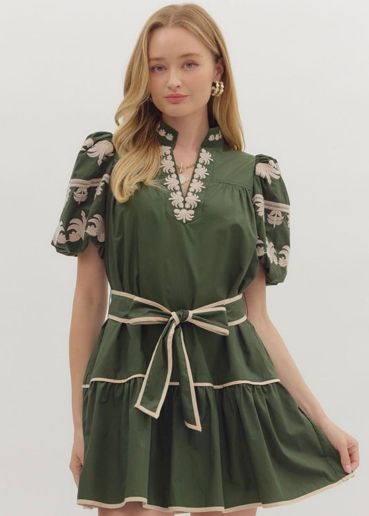 Green Embroidered Mini Dress