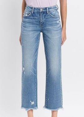 High-Rise Frayed Hem Straight Jeans