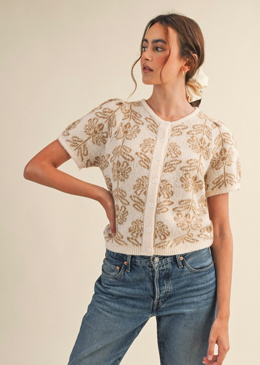 Floral Short Sleeve Sweater Cardigan