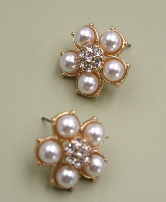 PEARL RHINESTONE FLOWER STUD EARRINGS