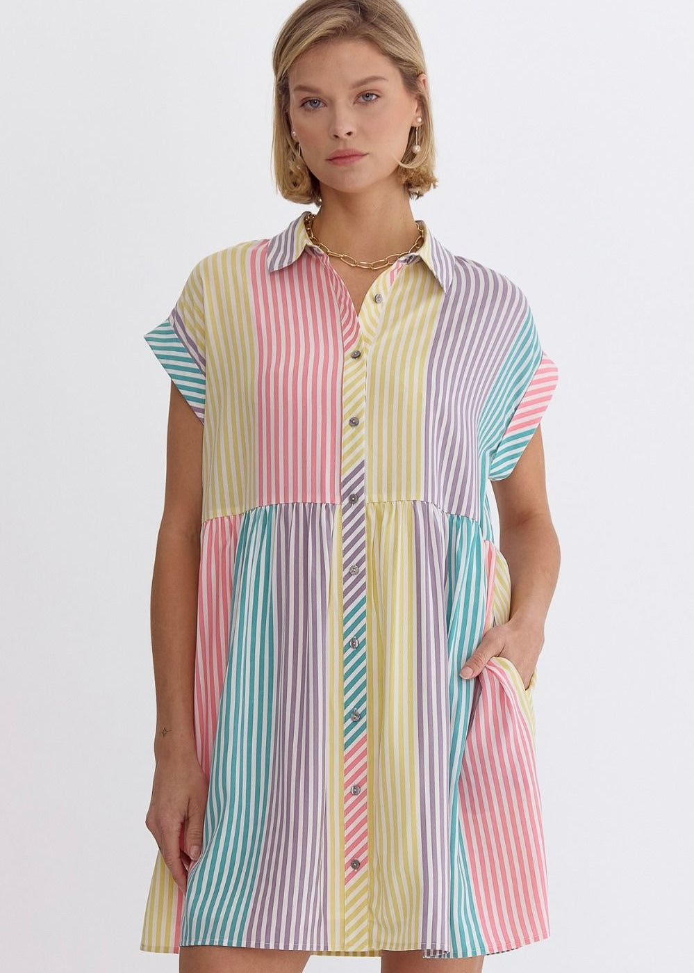 Striped Collared Button Up Mini Dress