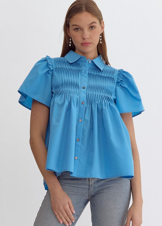 Blue Ruffle Trim Top