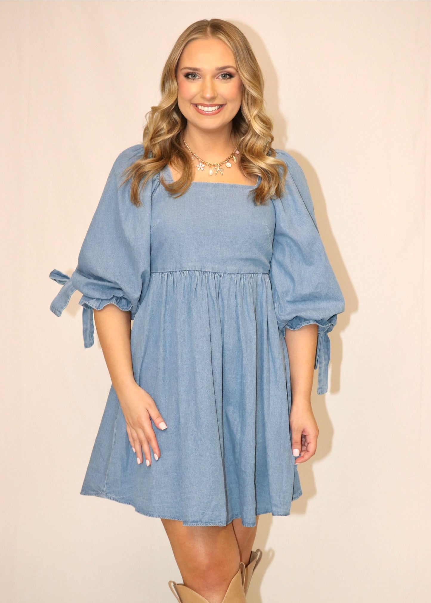 Denim Dress With Bows