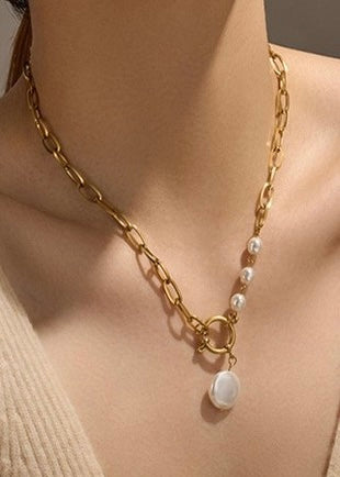 TITANIUM STEEL NON-TARNISH PEARL GOLD NECKLACE