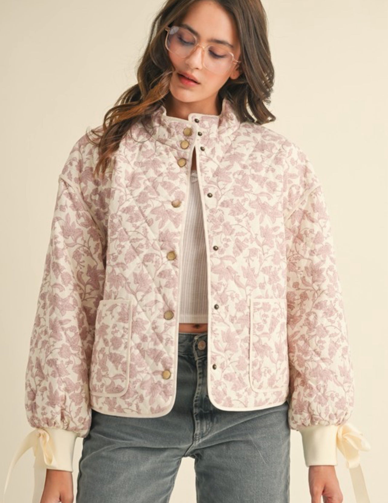 FLORAL QUILTED JACKET WITH BOW TIE RIBBON DETAIL