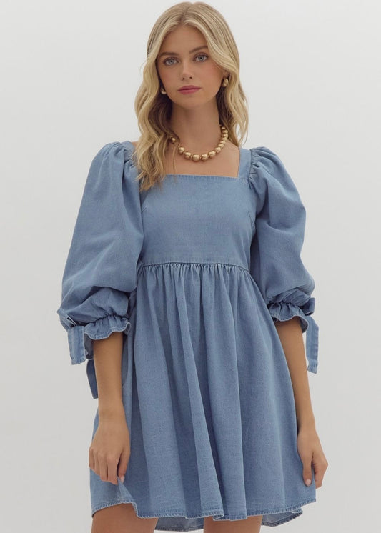 Denim Dress With Bows