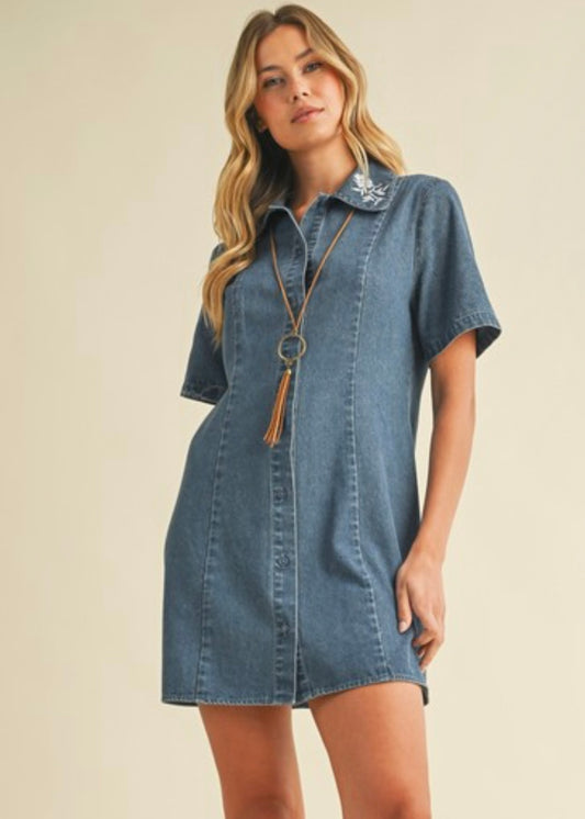 Embroidered Collar Denim Button Down Dress