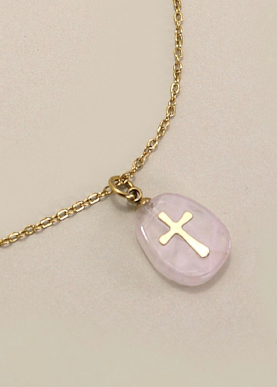 STAINLESS STEEL ROSE QUARTZ CROSS NECKLACE