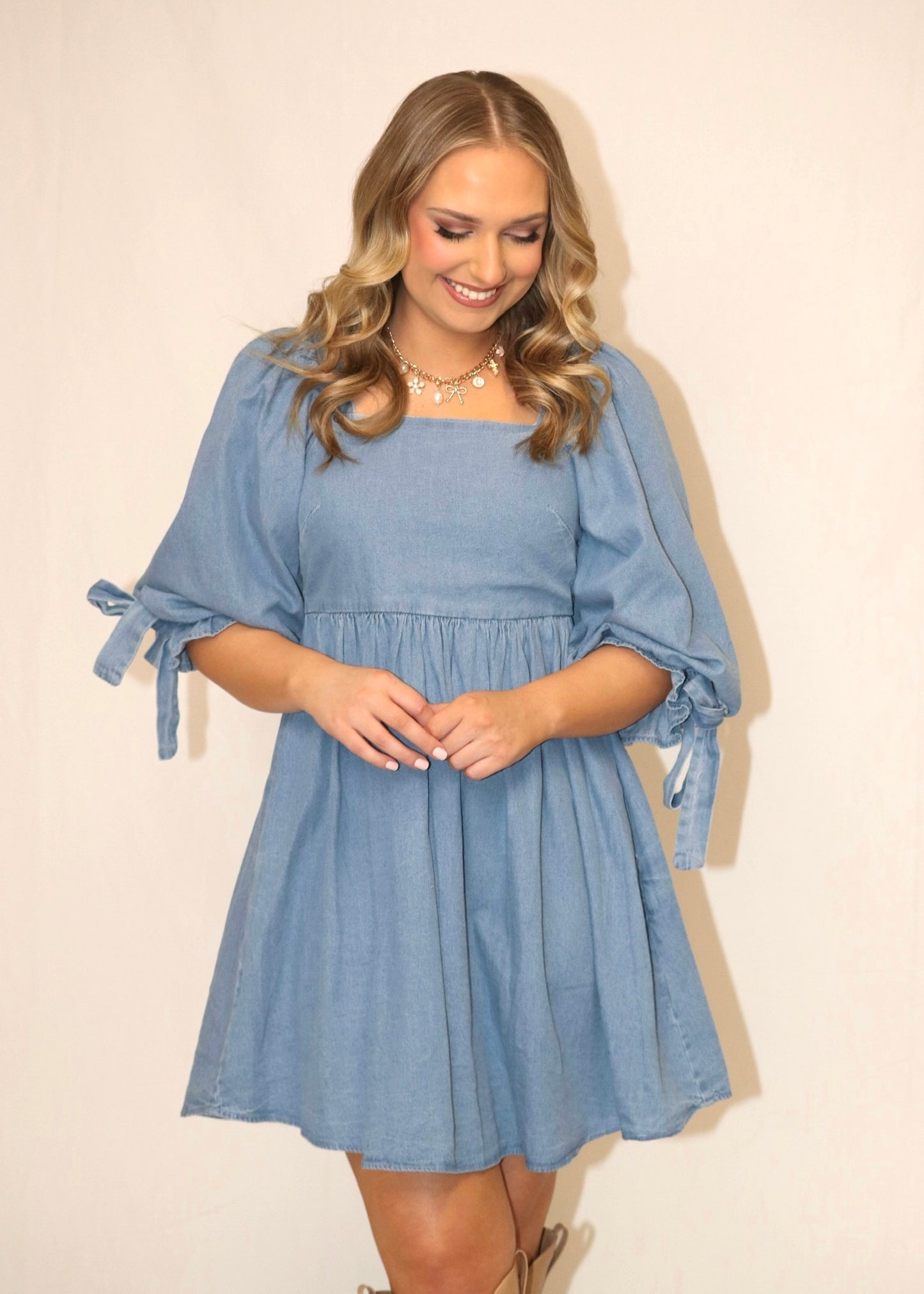 Denim Dress With Bows