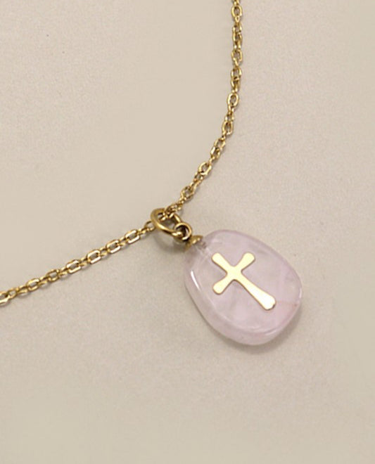 STAINLESS STEEL ROSE QUARTZ CROSS NECKLACE