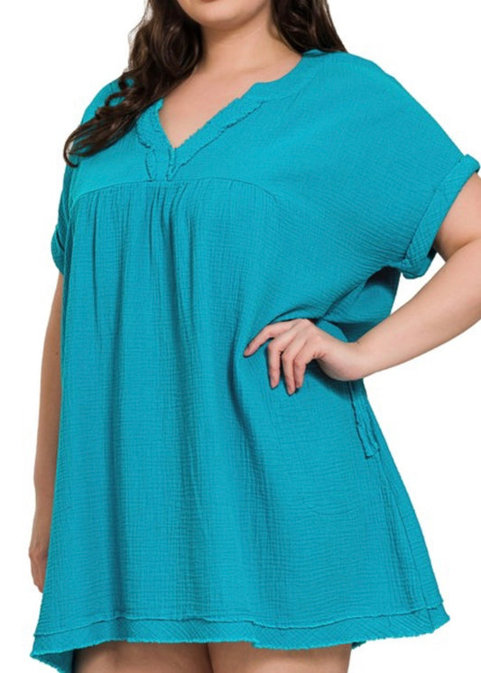 Curvy Gauze Dress- Teal