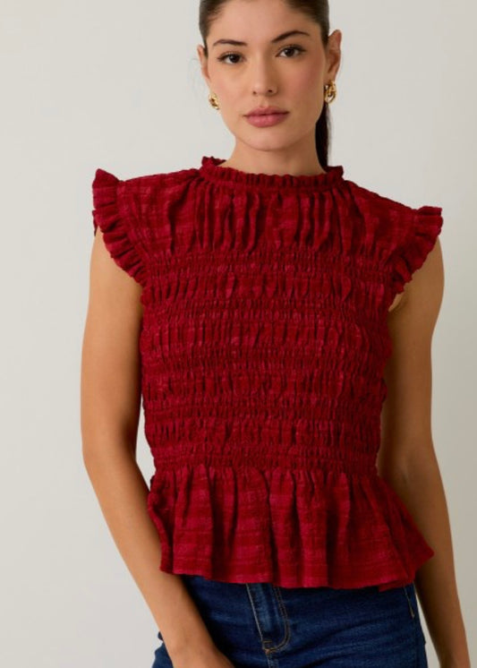 Sleeveless Ruffle Neck Smocked Top