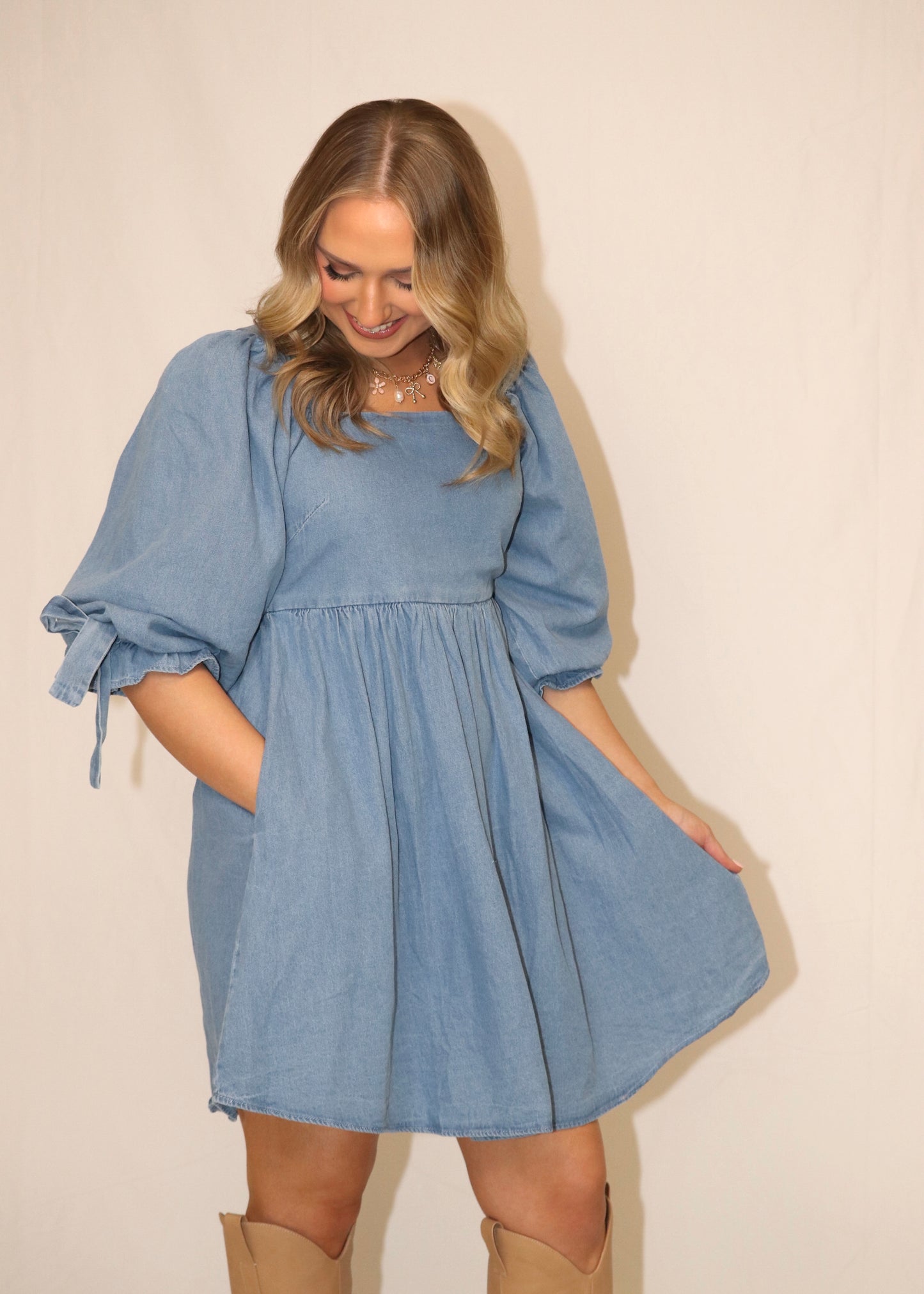 Denim Dress With Bows